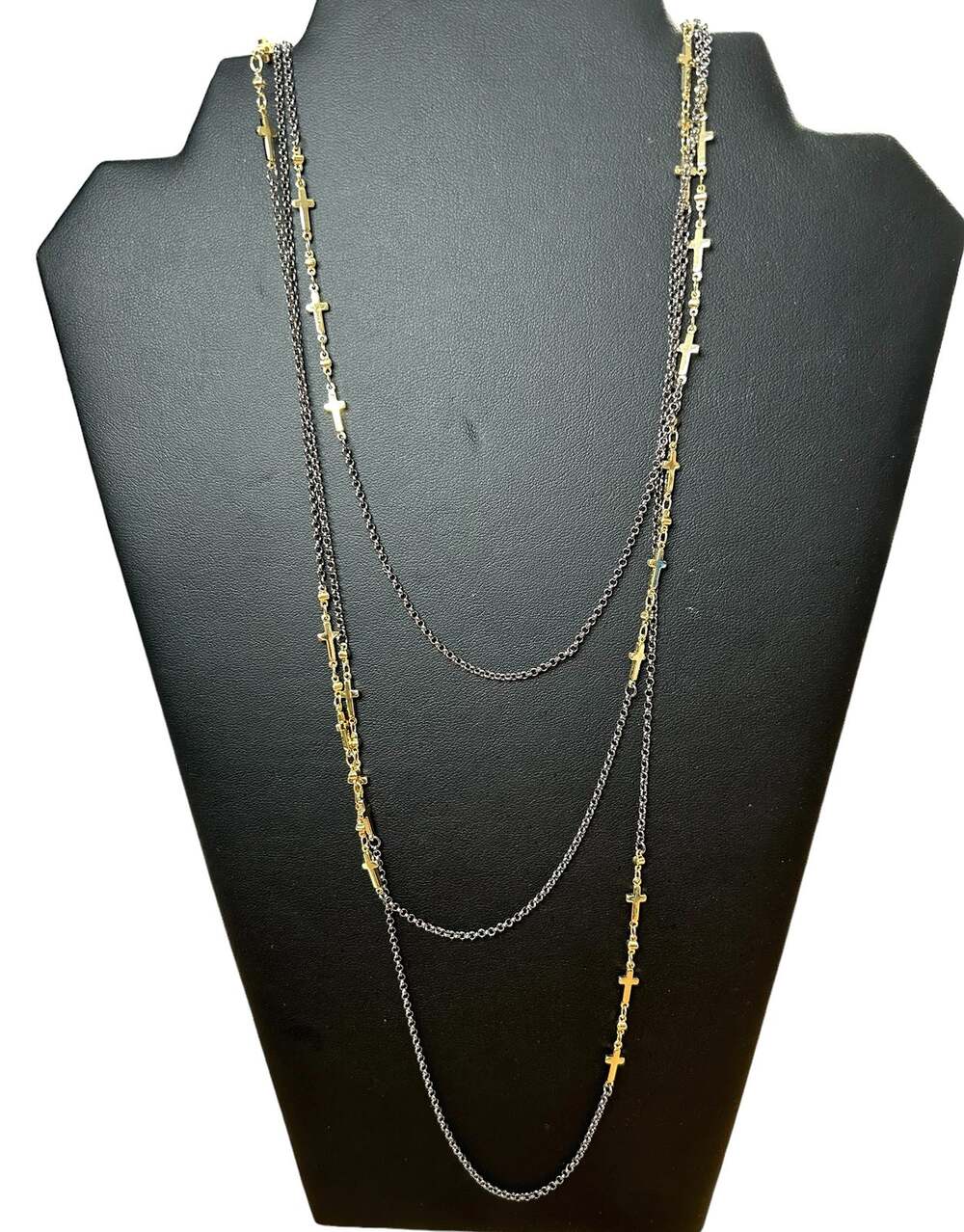NEW Grace Collection Multi Strand Gun Metal and Gold Tone Crosses Necklace